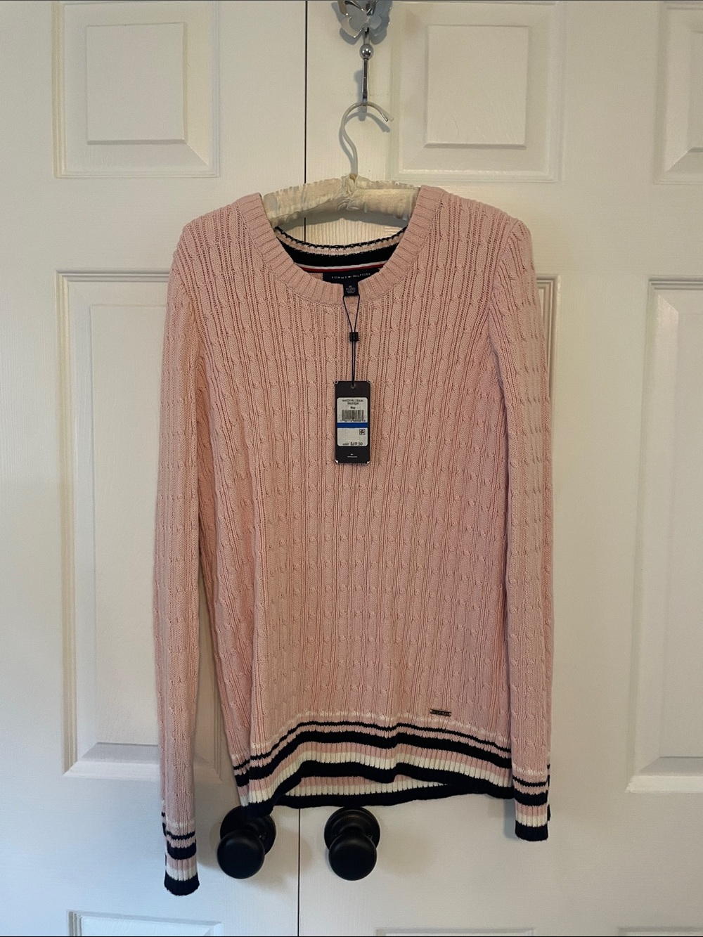Tommy Hilfiger Pink Cable Knit Sweater with Black & White Trim